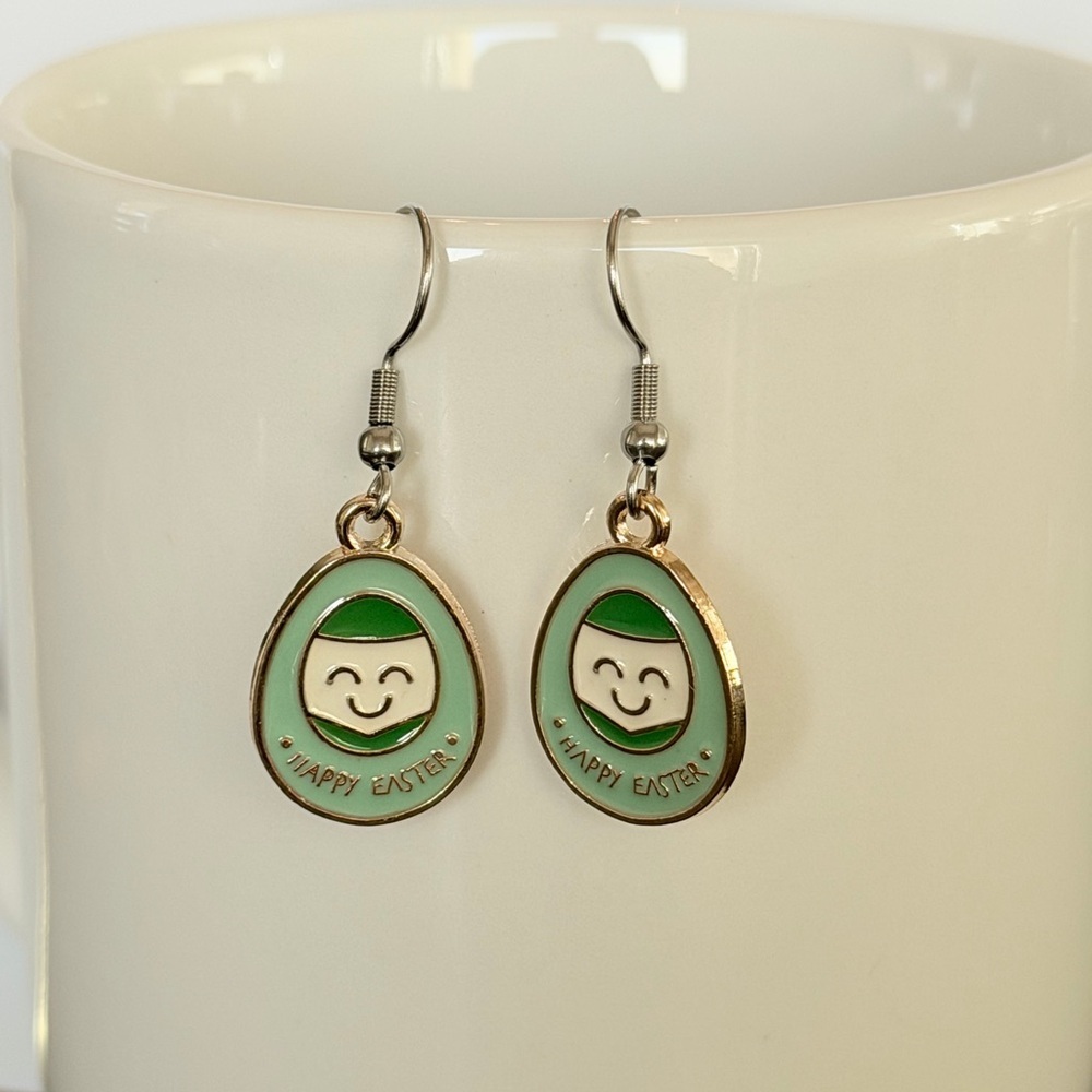 Happy Easter Egg Dangle Earrings - Mint & Green Enamel